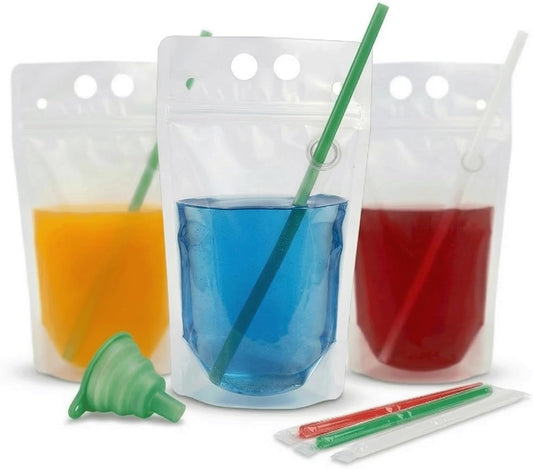 100PCS Drink Pouches with Side Straw Port, Resealable Leak-Resistant Beverage Bags with Straws & Funnel, 17oz V1258-DP02-WO-585