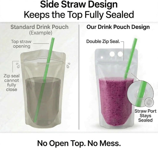 100PCS Drink Pouches with Side Straw Port, Resealable Leak-Resistant Beverage Bags with Straws & Funnel, 17oz V1258-DP02-WO-585