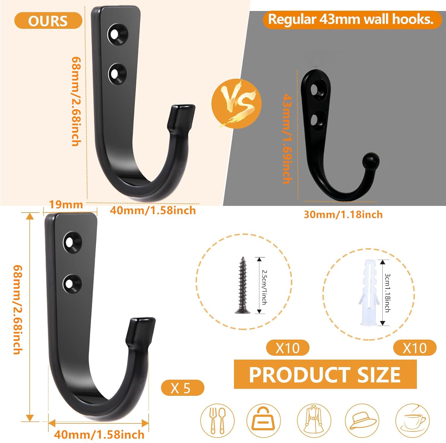5 Large Size Heavy Duty Wall Hooks, Coat Hooks for Hanging Pans, Backpacks, Coats, Garage Items (Black) V1258-DP02-WO-59