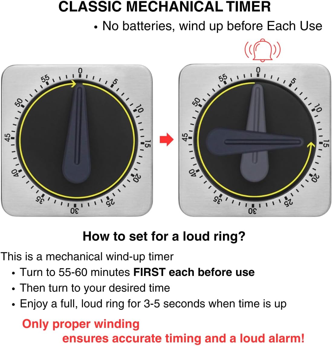 Mechanical Kitchen Timer Magnetic with Loud Alarm, 60-Minute Manual Wind Up Analog Countdown Timer with V1258-DP02-WO-6