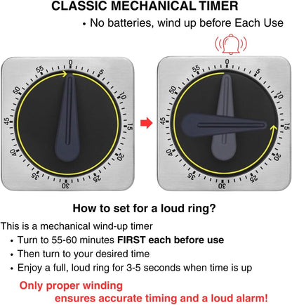 Mechanical Kitchen Timer Magnetic with Loud Alarm, 60-Minute Manual Wind Up Analog Countdown Timer with V1258-DP02-WO-6