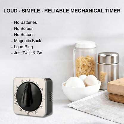 Mechanical Kitchen Timer Magnetic with Loud Alarm, 60-Minute Manual Wind Up Analog Countdown Timer with V1258-DP02-WO-6