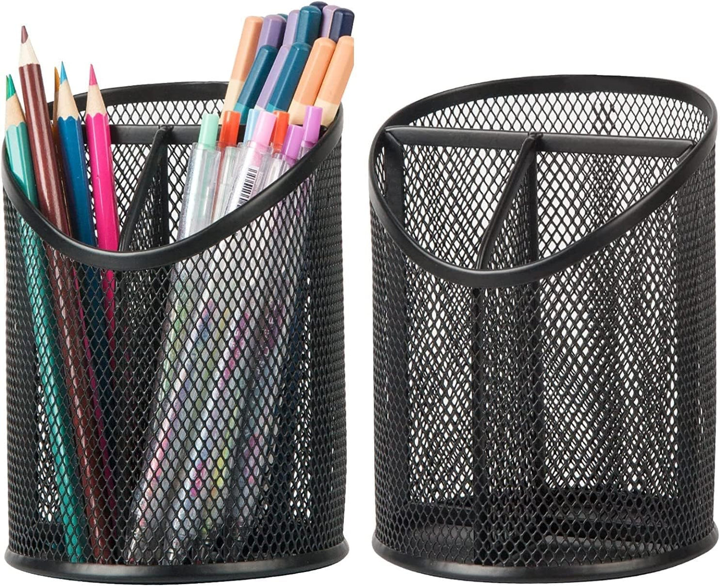 2 Pack Pen Holder Mesh Round Pencil Holder Desktop Organizer 3 Compartments, Black V1258-DP02-WO-607