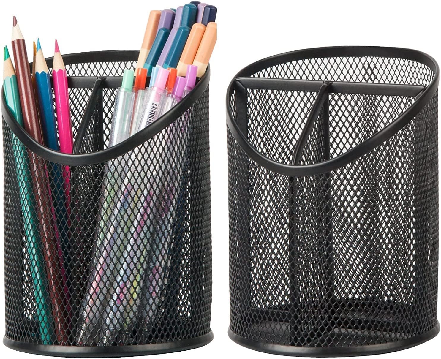 2 Pack Pen Holder Mesh Round Pencil Holder Desktop Organizer 3 Compartments, Black V1258-DP02-WO-607