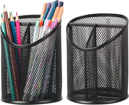 2 Pack Pen Holder Mesh Round Pencil Holder Desktop Organizer 3 Compartments, Black V1258-DP02-WO-607