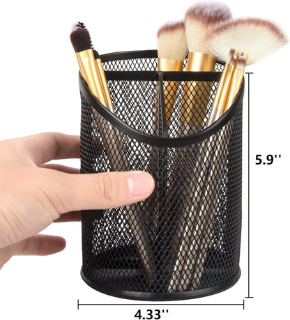 2 Pack Pen Holder Mesh Round Pencil Holder Desktop Organizer 3 Compartments, Black V1258-DP02-WO-607