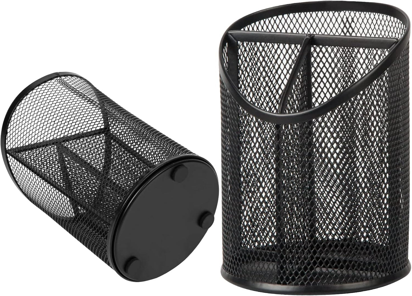 2 Pack Pen Holder Mesh Round Pencil Holder Desktop Organizer 3 Compartments, Black V1258-DP02-WO-607
