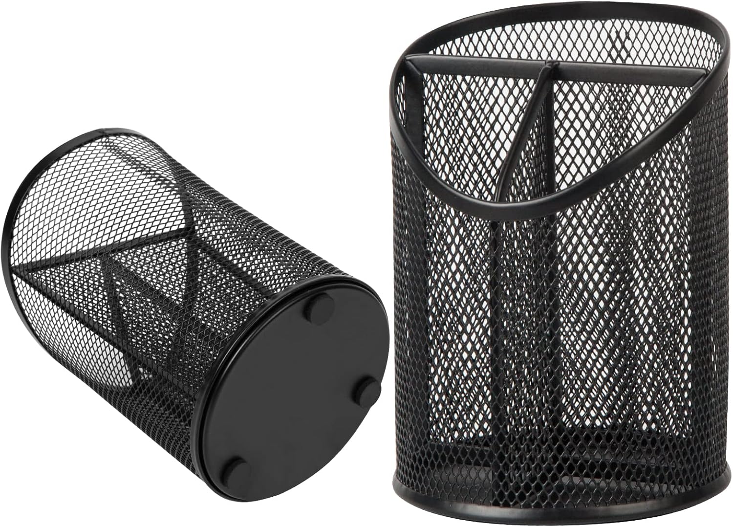 2 Pack Pen Holder Mesh Round Pencil Holder Desktop Organizer 3 Compartments, Black V1258-DP02-WO-607