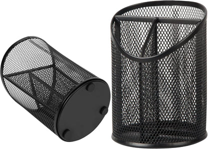 2 Pack Pen Holder Mesh Round Pencil Holder Desktop Organizer 3 Compartments, Black V1258-DP02-WO-607