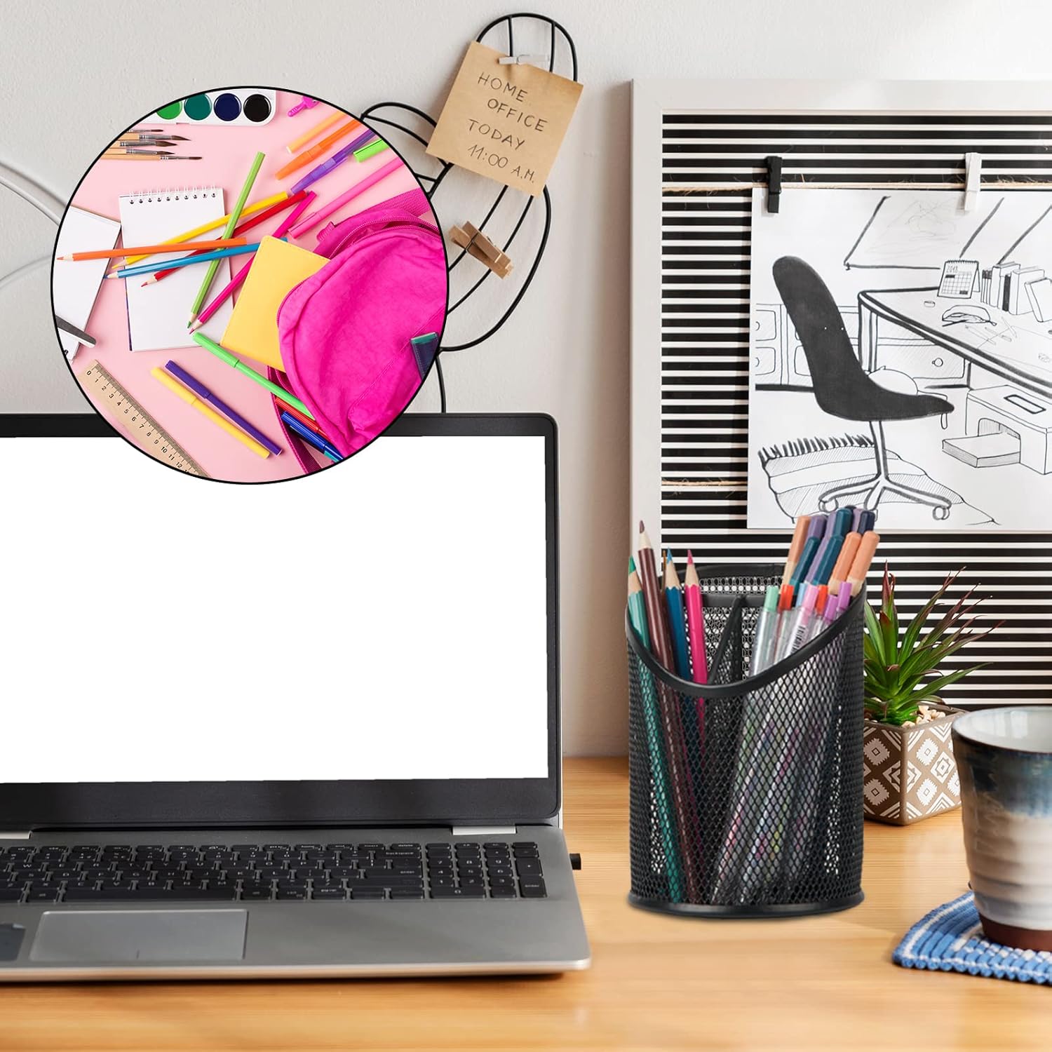 2 Pack Pen Holder Mesh Round Pencil Holder Desktop Organizer 3 Compartments, Black V1258-DP02-WO-607