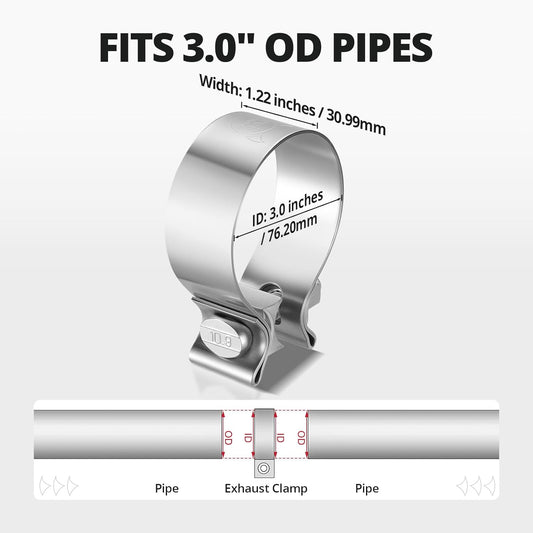 3.0 Inch Exhaust Clamp, Narrow Band Muffler Clamp Stainless Steel for Pipes, Mufflers, Catalytic Converters V1258-DP02-WO-608