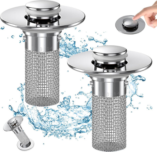 Bathroom Sink Drain Strainer, Pop Up Sink Drain Filter with Removable Stainless Steel Filter Basket Hair V1258-DP02-WO-614