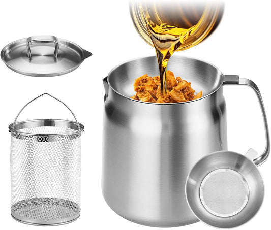 119oz 304 Stainless Steel Deep Fryer Pot with Basket & Strainer, Large Capacity Bacon Grease Container for V1258-DP02-WO-646