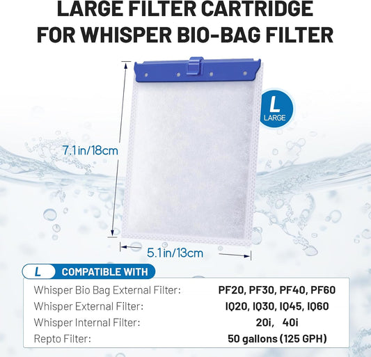 16 Count Large Filter Cartridges Compatible with Whisper Bio Bag Filters, Large Aquarium Filter Cartridge for V1258-DP02-WO-650