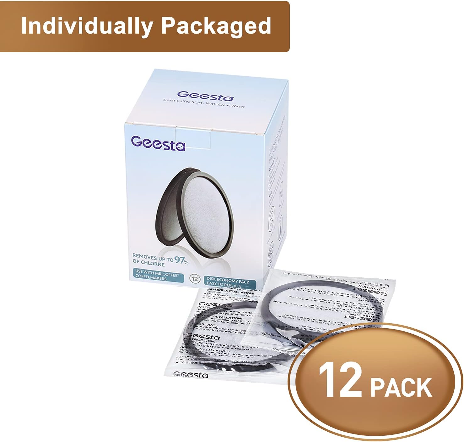 12-Pack Premium Activated Charcoal Water Filter Disk for All Mr. Coffee Models V1258-DP02-WO-660