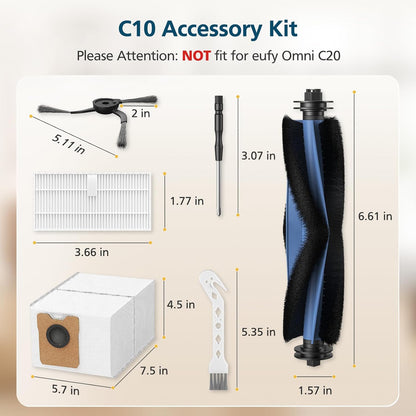 C10 Accessories for eufy C10 Robot Vacuum, 22 Pack Replacement Parts Include: 2* Main Rolling Brush, 6* V1258-DP02-WO-672