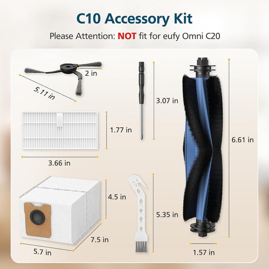 C10 Accessories for eufy C10 Robot Vacuum, 22 Pack Replacement Parts Include: 2* Main Rolling Brush, 6* V1258-DP02-WO-672