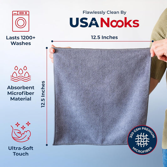 Microfiber Cleaning Cloth Grey - 12 Pcs (12.5"x12.5") - High Performance - 1200 Washes, Ultra Absorbent V1258-DP02-WO-681