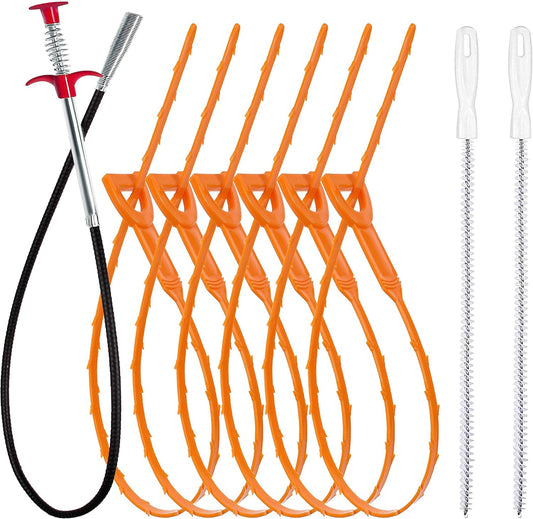 35.5inch Drain Clog Remover(1pcs), 25inch Drain Snake Hair Remover(6pcs) & Cleaning Brush(2pcs), Hair Catcher V1258-DP02-WO-682