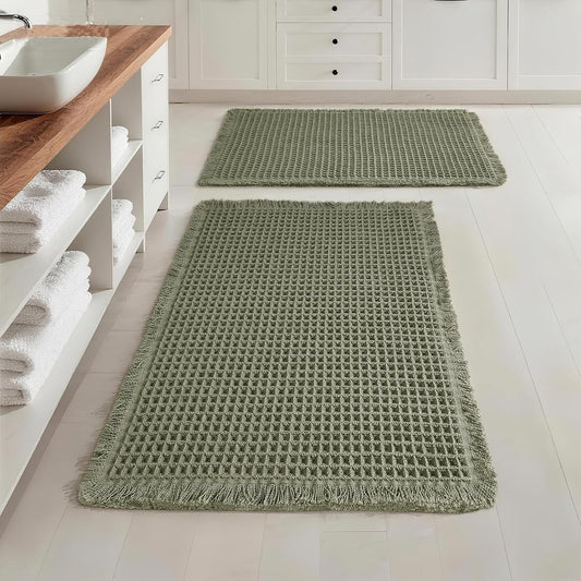 Set of 2 Waffle Bathroom Rugs, Super Absorbent Boho Bath Mats, Non-Slip Shower Mats for Bathroom Floor and V1258-DP02-WO-693