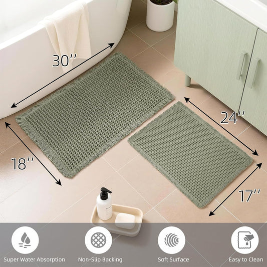 Set of 2 Waffle Bathroom Rugs, Super Absorbent Boho Bath Mats, Non-Slip Shower Mats for Bathroom Floor and V1258-DP02-WO-693