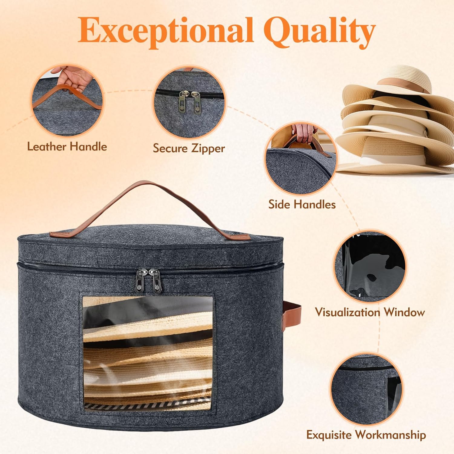 Round Hat Box, Stackable Felt Hat Boxes for Women Storage, Foldable Premium Hat Travel Case with Dustproof V1258-DP02-WO-70
