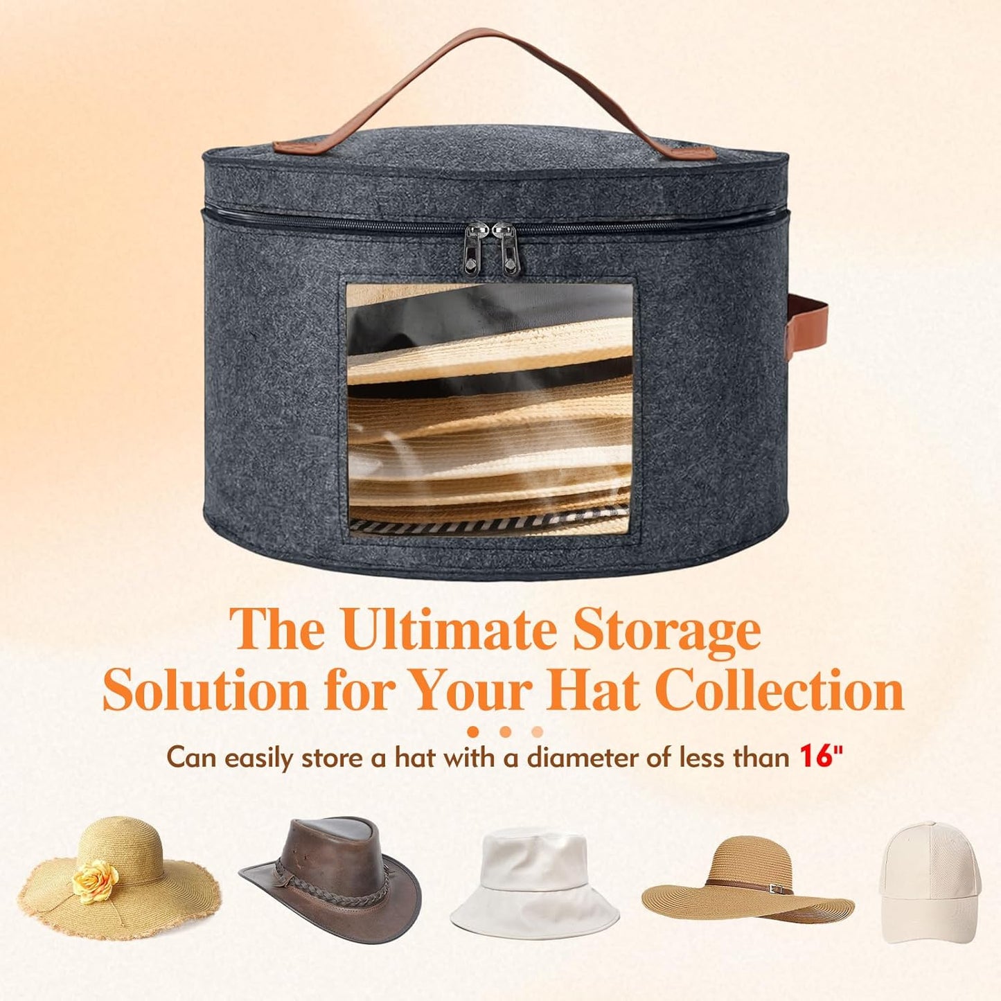 Round Hat Box, Stackable Felt Hat Boxes for Women Storage, Foldable Premium Hat Travel Case with Dustproof V1258-DP02-WO-70