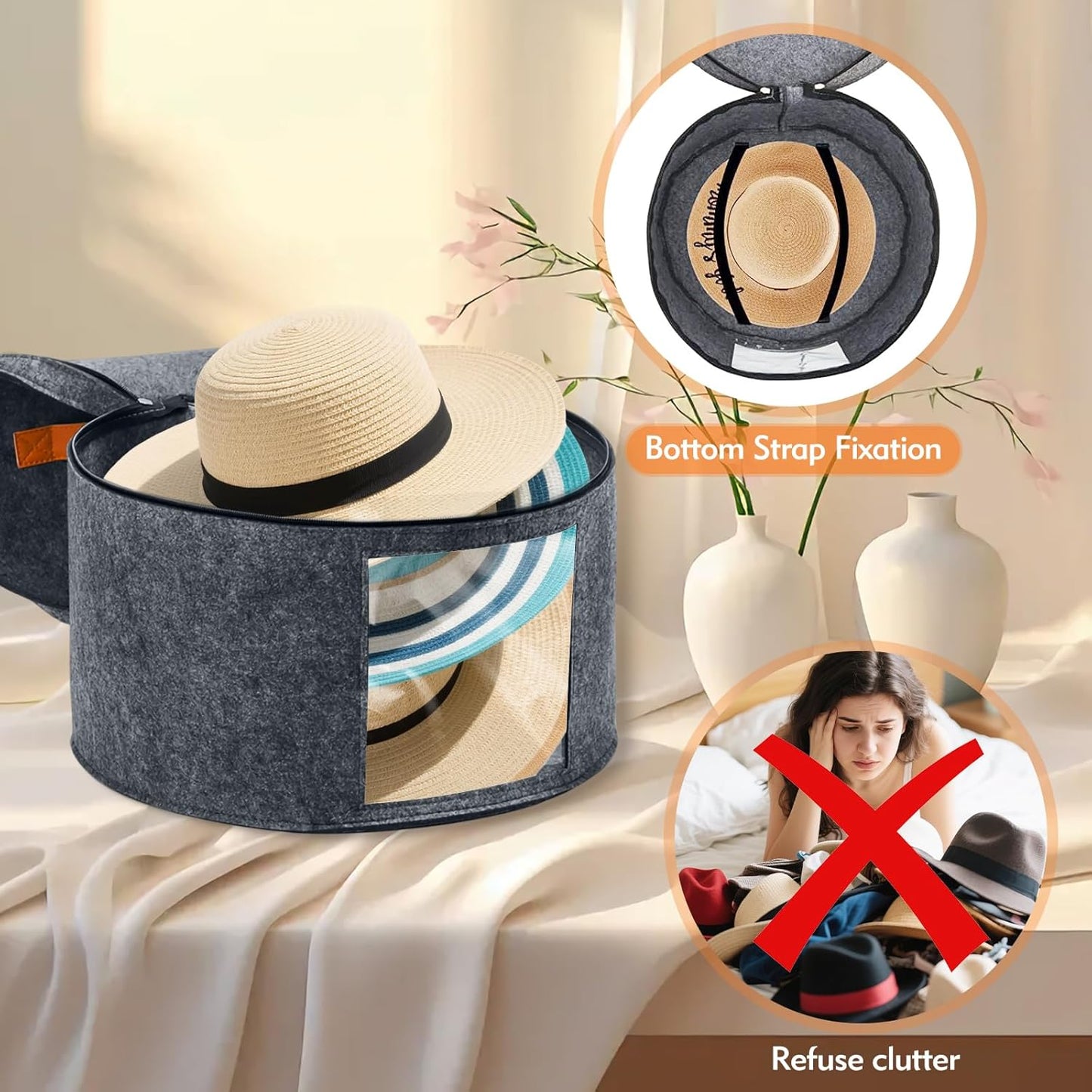 Round Hat Box, Stackable Felt Hat Boxes for Women Storage, Foldable Premium Hat Travel Case with Dustproof V1258-DP02-WO-70