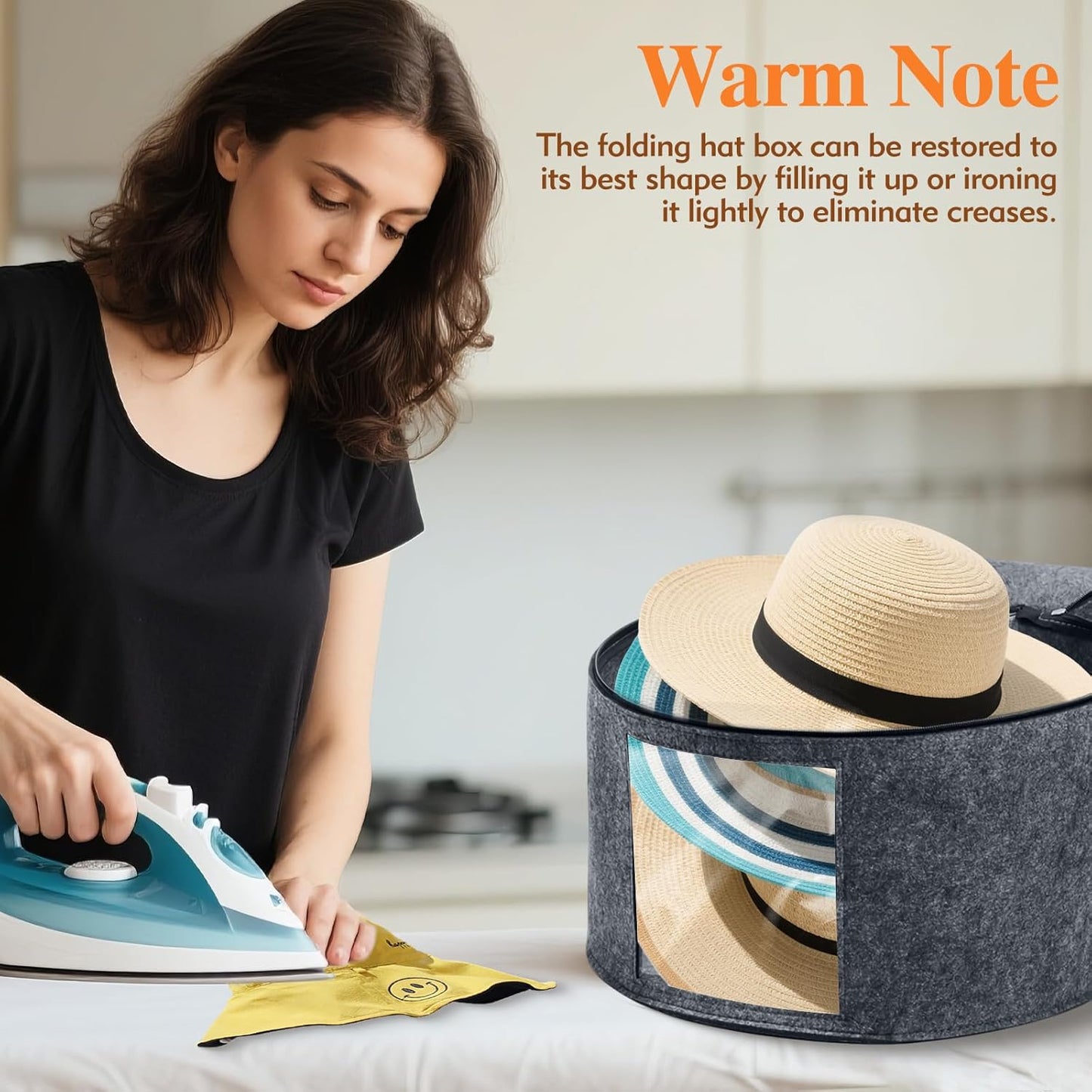 Round Hat Box, Stackable Felt Hat Boxes for Women Storage, Foldable Premium Hat Travel Case with Dustproof V1258-DP02-WO-70