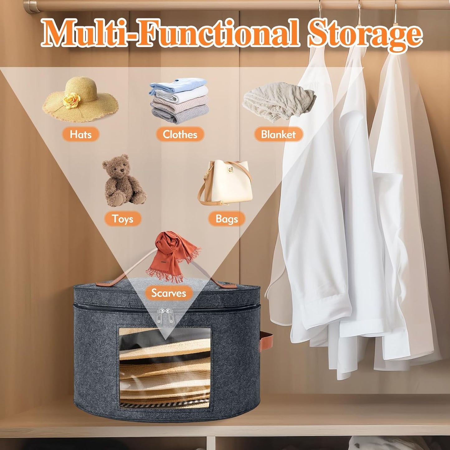 Round Hat Box, Stackable Felt Hat Boxes for Women Storage, Foldable Premium Hat Travel Case with Dustproof V1258-DP02-WO-70