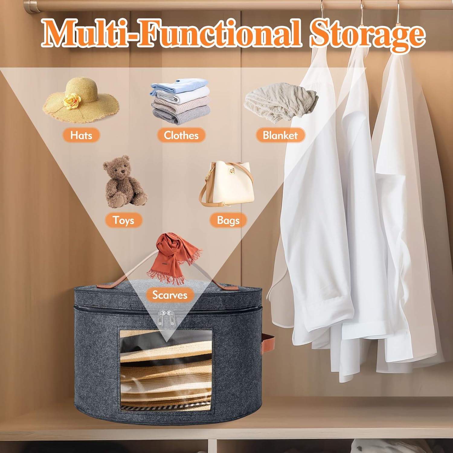 Round Hat Box, Stackable Felt Hat Boxes for Women Storage, Foldable Premium Hat Travel Case with Dustproof V1258-DP02-WO-70