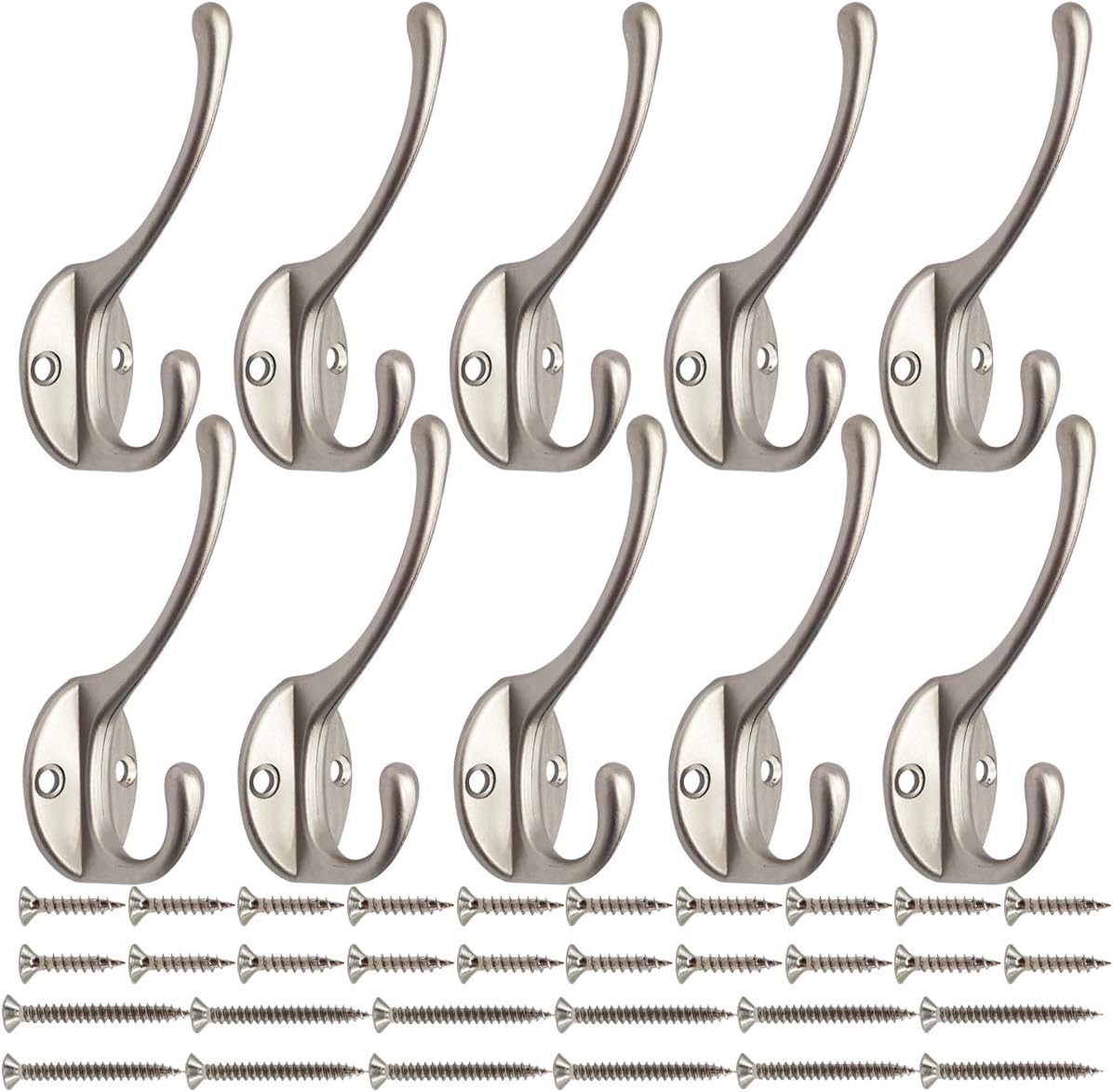 10 Pack Dual Coat Hooks Wall Mounted with 40 Screws Retro Double Hooks Utility Silvery Hooks for Coat, Scarf, V1258-DP02-WO-72
