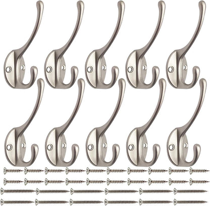 10 Pack Dual Coat Hooks Wall Mounted with 40 Screws Retro Double Hooks Utility Silvery Hooks for Coat, Scarf, V1258-DP02-WO-72