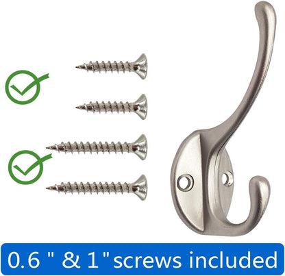 10 Pack Dual Coat Hooks Wall Mounted with 40 Screws Retro Double Hooks Utility Silvery Hooks for Coat, Scarf, V1258-DP02-WO-72
