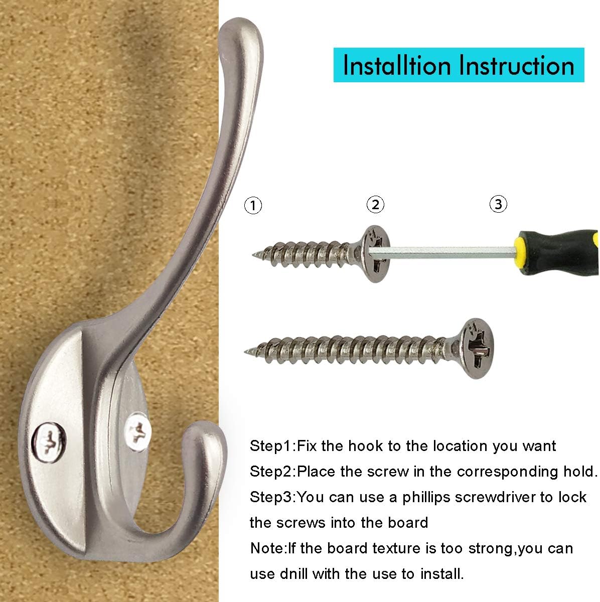 10 Pack Dual Coat Hooks Wall Mounted with 40 Screws Retro Double Hooks Utility Silvery Hooks for Coat, Scarf, V1258-DP02-WO-72