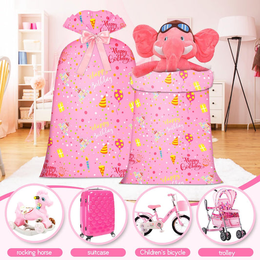 Extra Large Gift Bag Girl Birthday Jumbo Gift Bag, Bday Pink Giant Plastic Oversized Gift Bag Huge Gift Wrap V1258-DP02-WO-73
