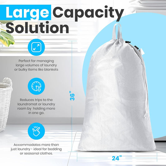 Large Mesh Laundry Bags - 2-Pack Heavy Duty with Handles & Drawstring - Machine Washable Net Laundry Sacks V1258-DP02-WO-741