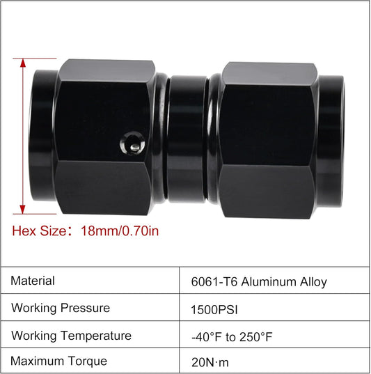 6AN Female to 6AN Female Straight Swivel Coupler Union Fitting Adapter Aluminum Black V1258-DP02-WO-752