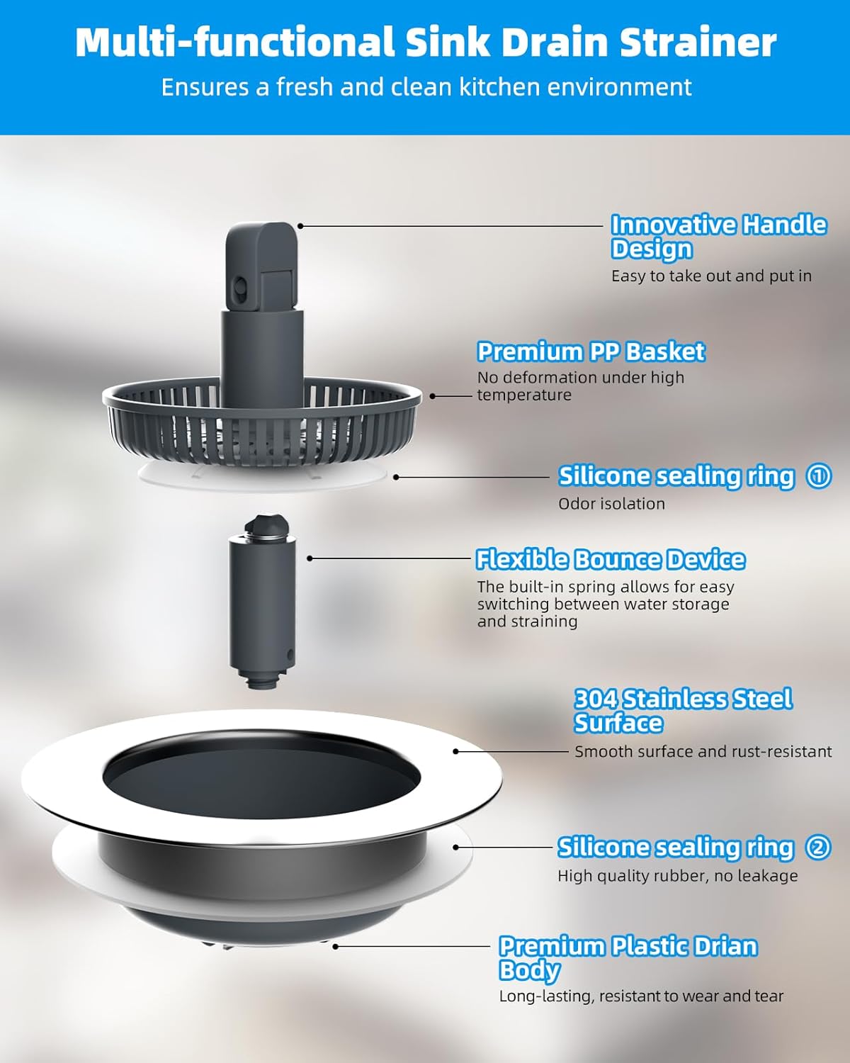 3 in 1 Kitchen Sink Drain Strainer and Stopper Combo, Chrome Stainless Steel Wraped Shell, Anti-Clogging V1258-DP02-WO-757