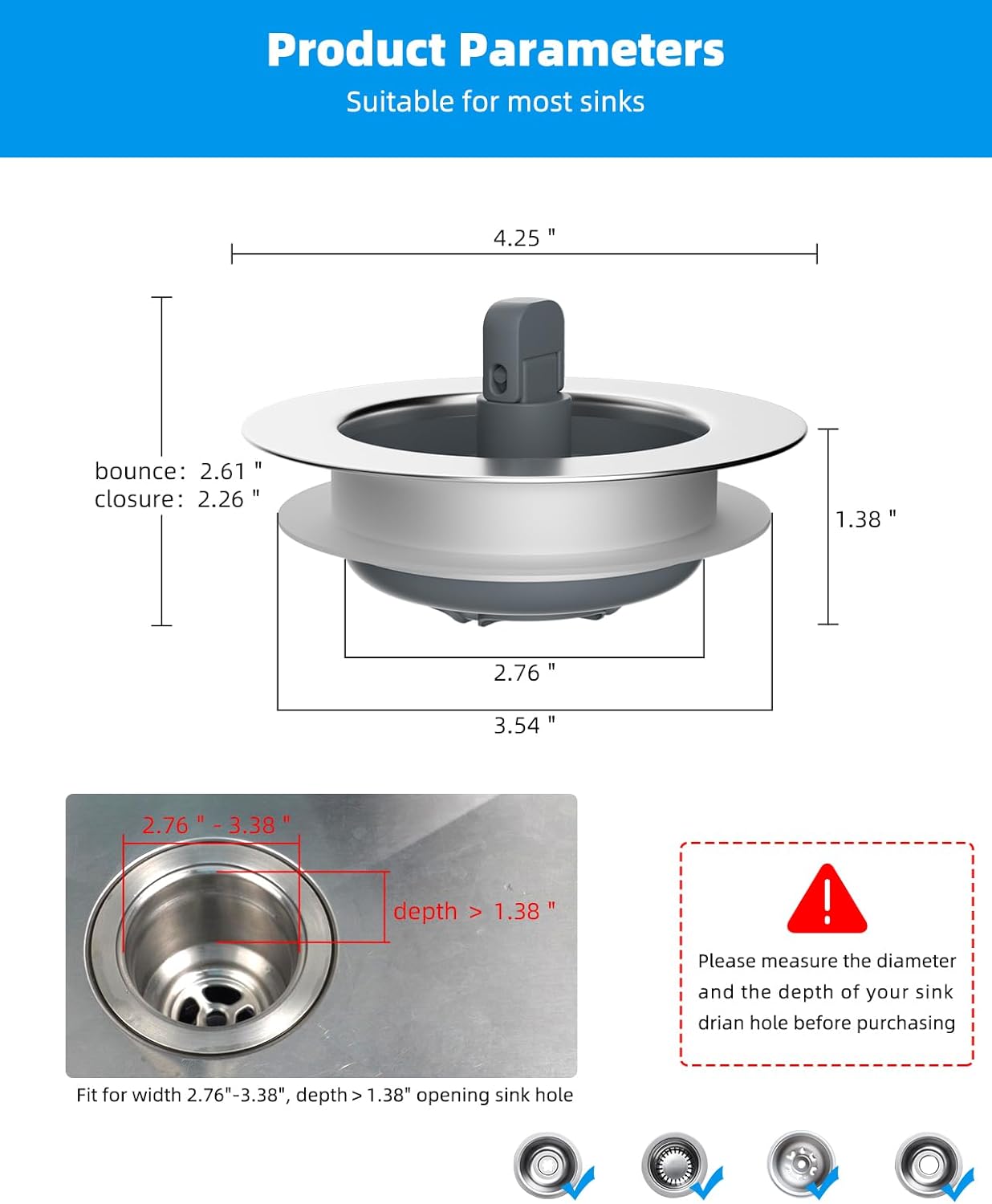 3 in 1 Kitchen Sink Drain Strainer and Stopper Combo, Chrome Stainless Steel Wraped Shell, Anti-Clogging V1258-DP02-WO-757