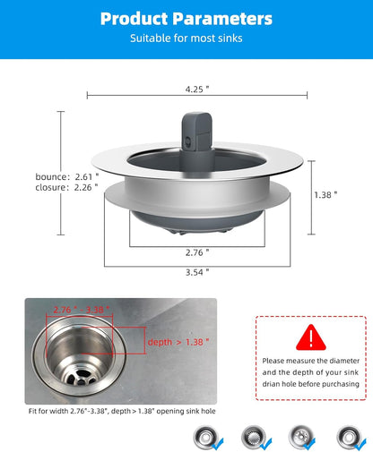 3 in 1 Kitchen Sink Drain Strainer and Stopper Combo, Chrome Stainless Steel Wraped Shell, Anti-Clogging V1258-DP02-WO-757