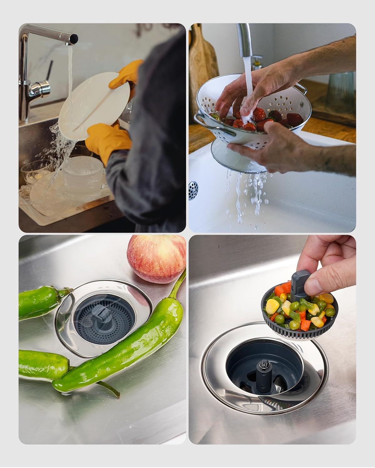 3 in 1 Kitchen Sink Drain Strainer and Stopper Combo, Chrome Stainless Steel Wraped Shell, Anti-Clogging V1258-DP02-WO-757