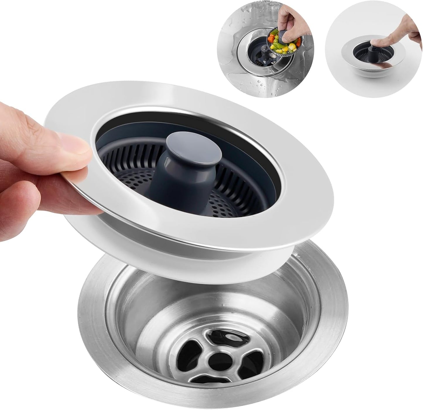 3 in 1 Kitchen Sink Drain Strainer, Stainless Steel Wrapped Shell Drain Stopper Combo, Pop Up Sink Stopper, V1258-DP02-WO-758