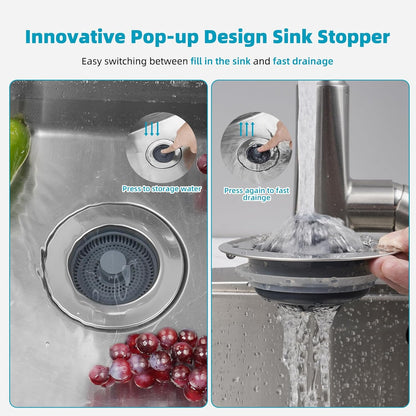 3 in 1 Kitchen Sink Drain Strainer, Stainless Steel Wrapped Shell Drain Stopper Combo, Pop Up Sink Stopper, V1258-DP02-WO-758