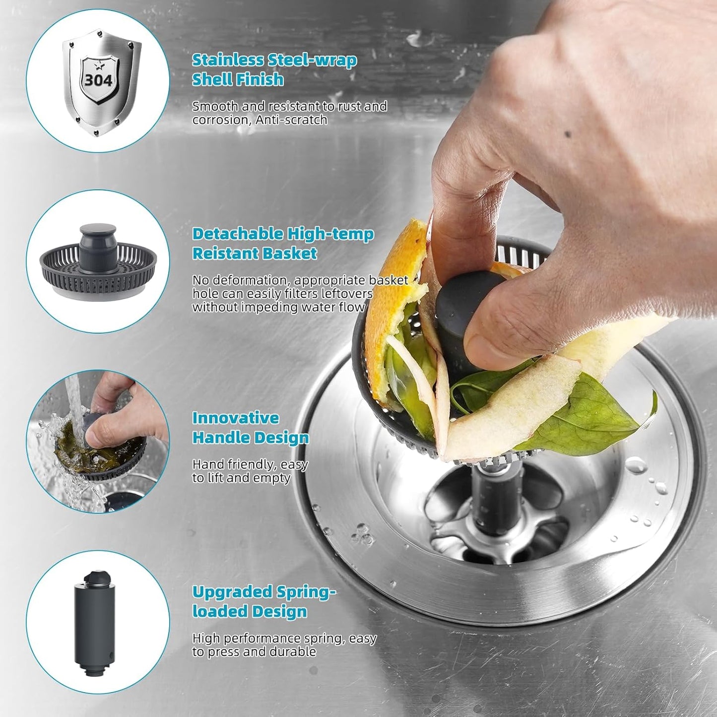 3 in 1 Kitchen Sink Drain Strainer, Stainless Steel Wrapped Shell Drain Stopper Combo, Pop Up Sink Stopper, V1258-DP02-WO-758