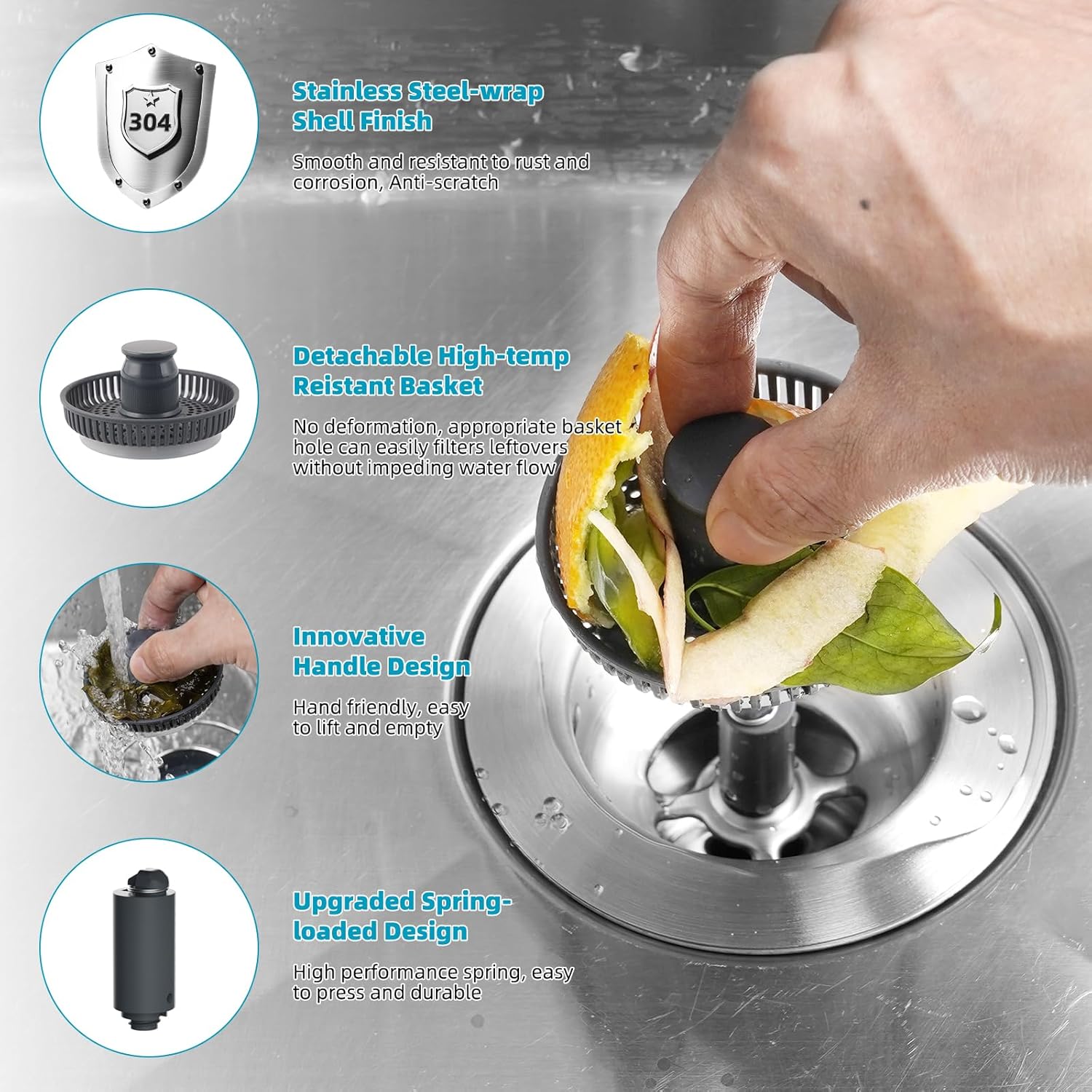 3 in 1 Kitchen Sink Drain Strainer, Stainless Steel Wrapped Shell Drain Stopper Combo, Pop Up Sink Stopper, V1258-DP02-WO-758
