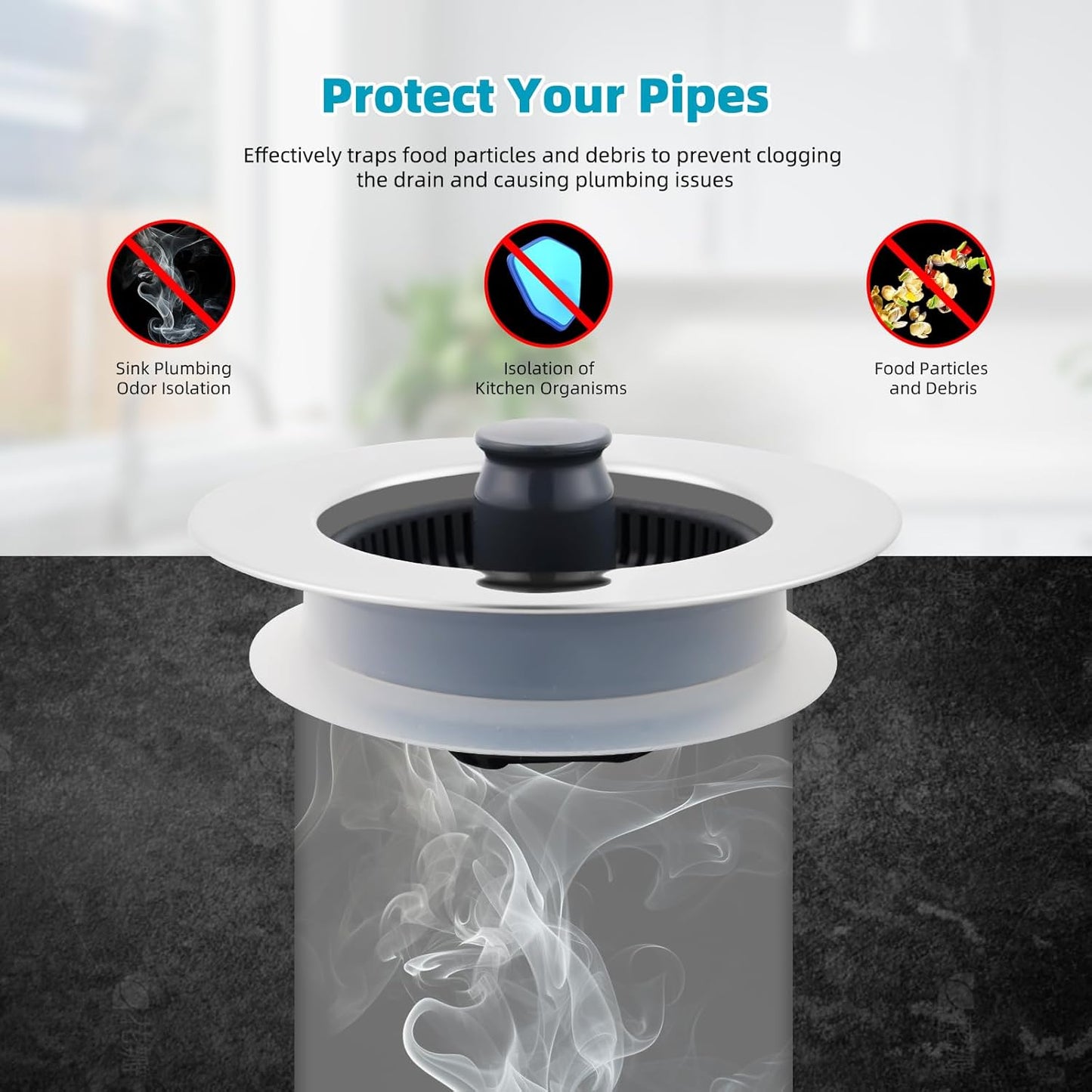 3 in 1 Kitchen Sink Drain Strainer, Stainless Steel Wrapped Shell Drain Stopper Combo, Pop Up Sink Stopper, V1258-DP02-WO-758