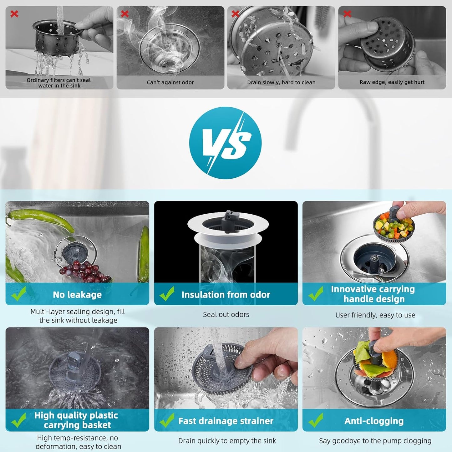 3 in 1 Kitchen Sink Drain Strainer, Stainless Steel Wrapped Shell Drain Stopper Combo, Pop Up Sink Stopper, V1258-DP02-WO-758