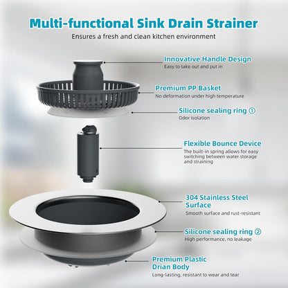 3 in 1 Kitchen Sink Drain Strainer, Stainless Steel Wrapped Shell Drain Stopper Combo, Pop Up Sink Stopper, V1258-DP02-WO-758