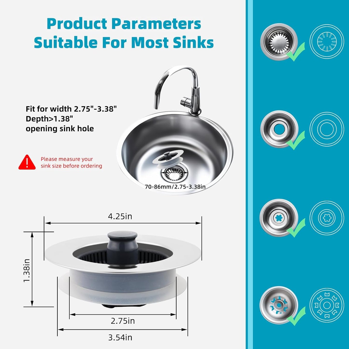 3 in 1 Kitchen Sink Drain Strainer, Stainless Steel Wrapped Shell Drain Stopper Combo, Pop Up Sink Stopper, V1258-DP02-WO-758